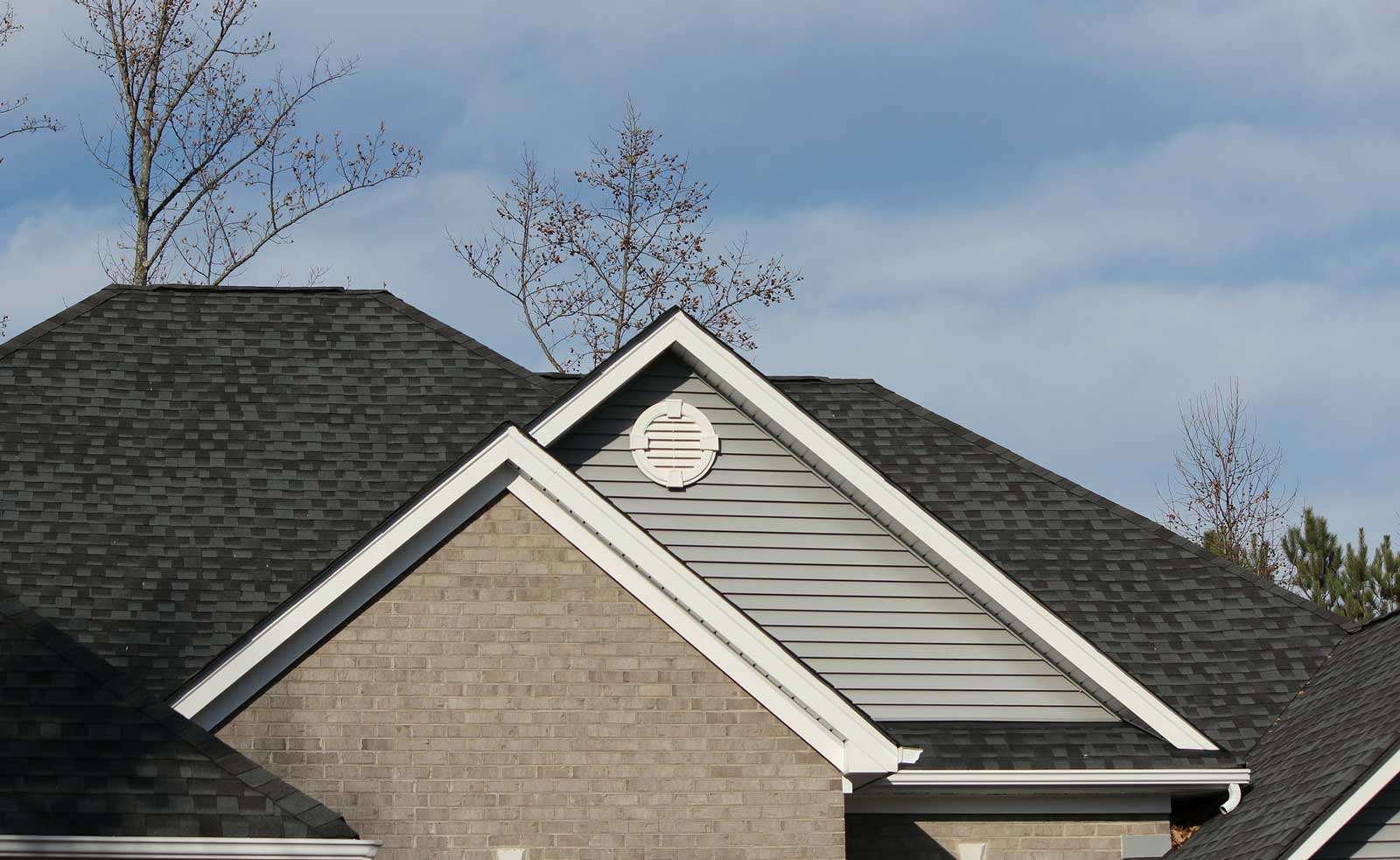 A shingle roof on a grey house
